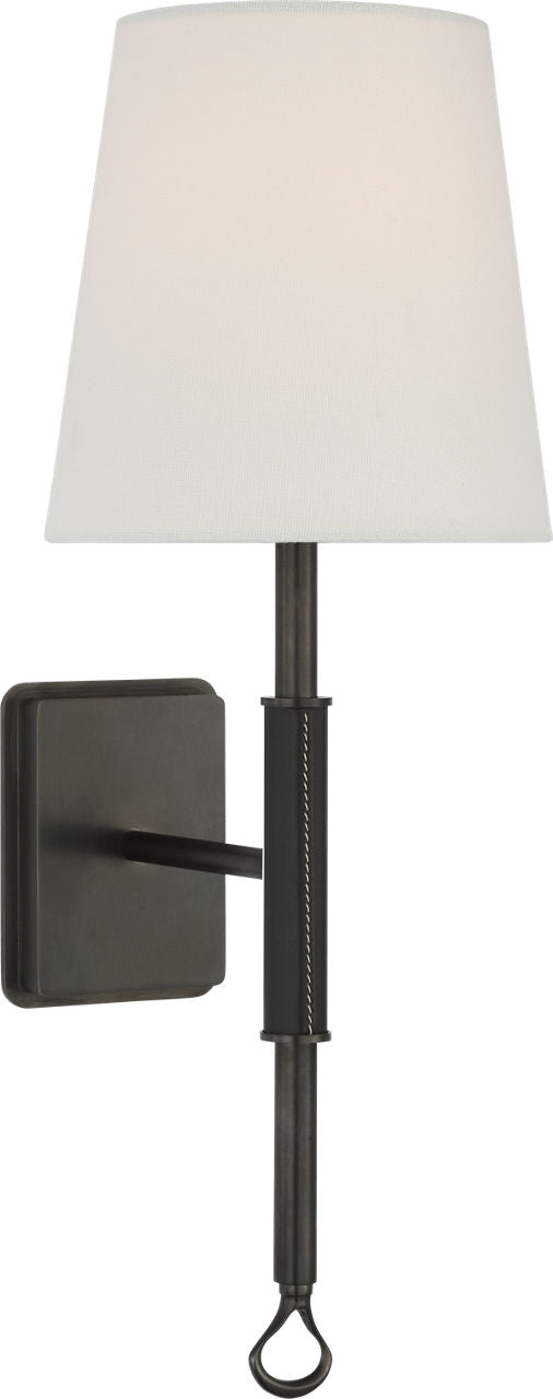 Griffin Sconce | Bronze and Chocolate Leather | Linen Shade