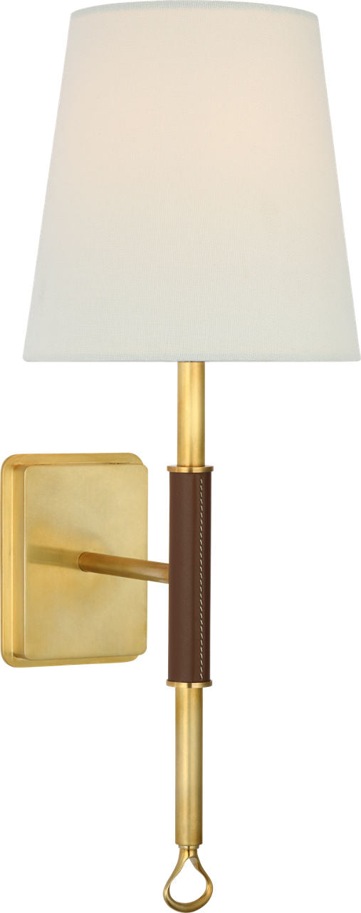 Griffin Sconce | Hand-Rubbed Antique Brass and Saddle Leather | Linen Shade