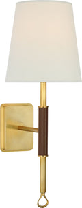 Griffin Sconce | Hand-Rubbed Antique Brass and Saddle Leather | Linen Shade