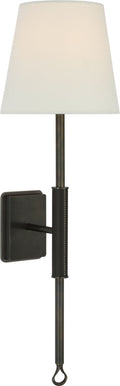 Griffin Tail Sconce | Bronze and Chocolate Leather | Linen Shade