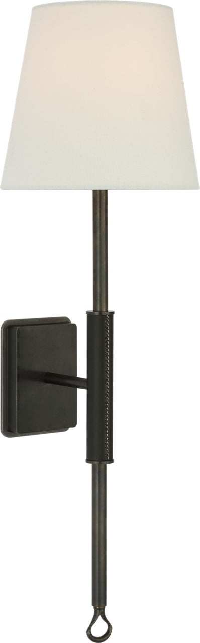 Griffin Tail Sconce | Bronze and Chocolate Leather | Linen Shade