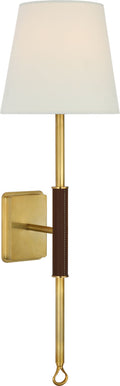Griffin Tail Sconce | Hand-Rubbed Antique Brass and Saddle Leather | Linen Shade