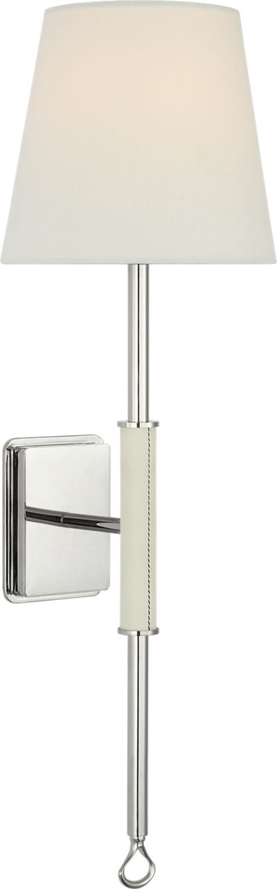 Griffin Tail Sconce | Polished Nickel and Parchment Leather | Linen Shade