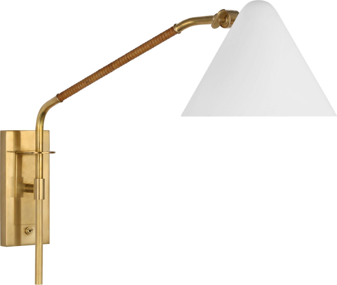 Laken Medium Articulating Wall Light | Hand-Rubbed Antique Brass and Natural Rattan | White Shade