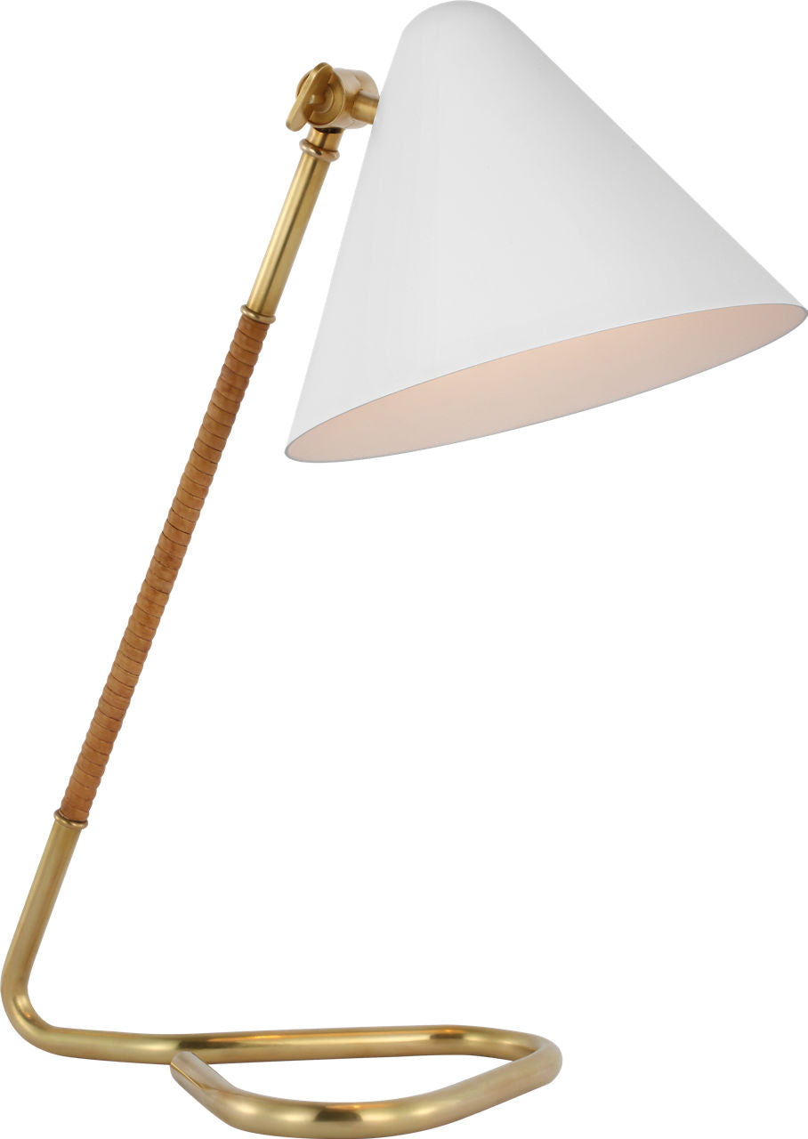 Laken Small Desk Lamp | Hand-Rubbed Antique Brass and Natural Rattan | White Shade