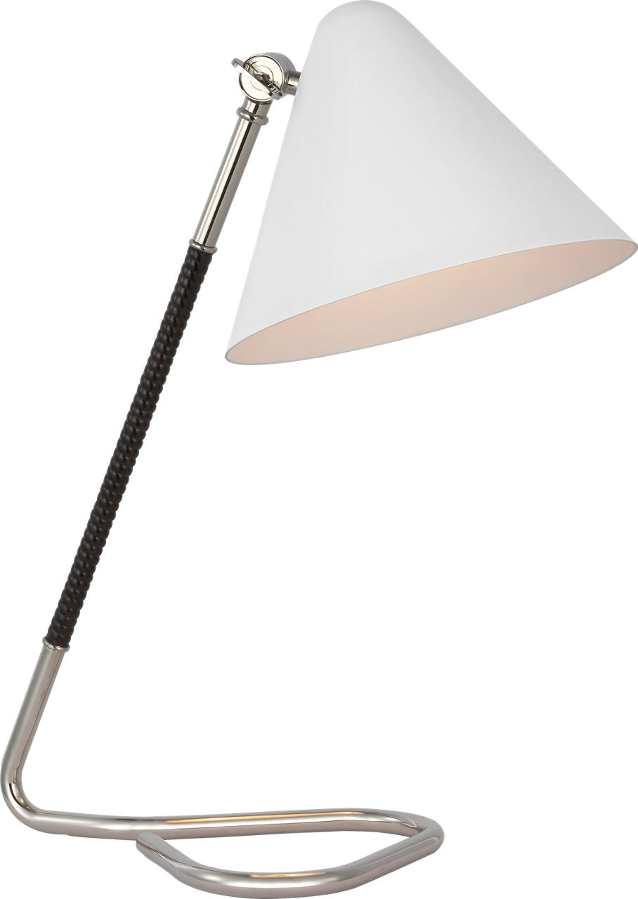 Laken Small Desk Lamp | Polished Nickel and Black Rattan | White Shade