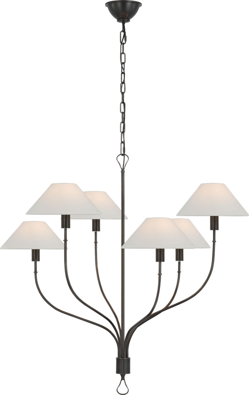 Griffin Large Staggered Tail Chandelier | Bronze and Chocolate Leather | Linen Shades