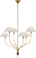 Griffin Large Staggered Tail Chandelier | Hand-Rubbed Antique Brass and Saddle Leather | Linen Shades