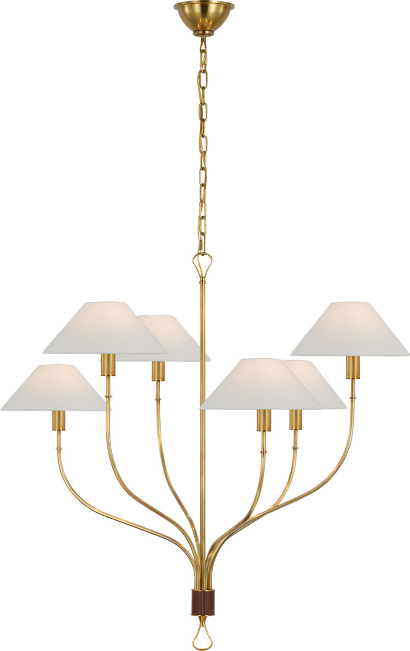 Griffin Large Staggered Tail Chandelier | Hand-Rubbed Antique Brass and Saddle Leather | Linen Shades