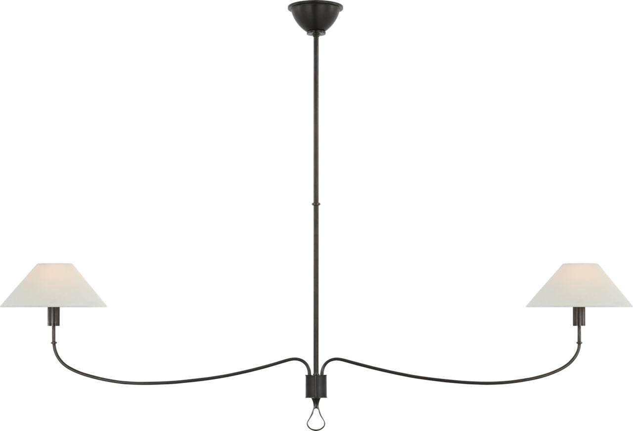 Griffin Grande Linear Chandelier | Bronze and Chocolate Leather | Linen Shades