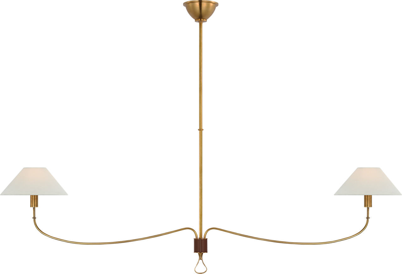 Griffin Grande Linear Chandelier | Hand-Rubbed Antique Brass and Saddle Leather | Linen Shades