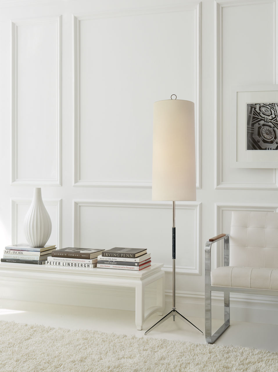 Frankfort Floor Lamp | Polished Nickel | Ebony Accents and Linen Shade