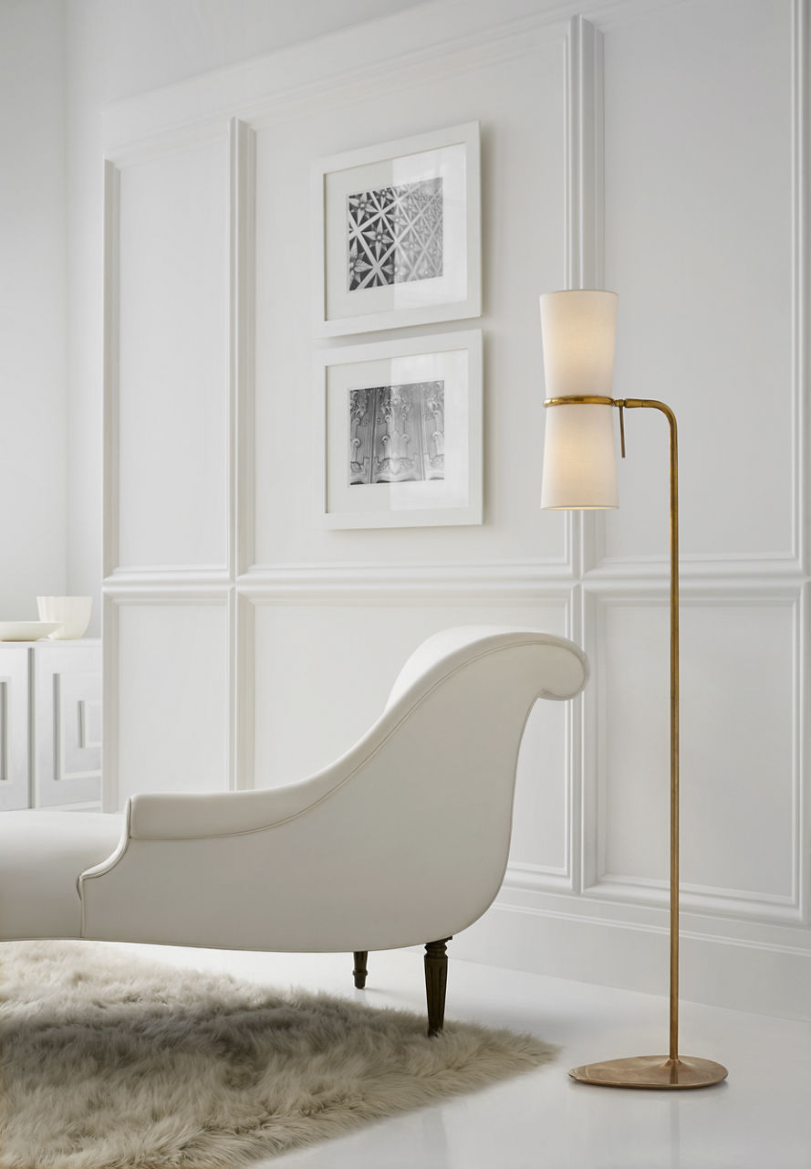 Clarkson Floor Lamp | Hand-Rubbed Antique Brass | Linen Shades