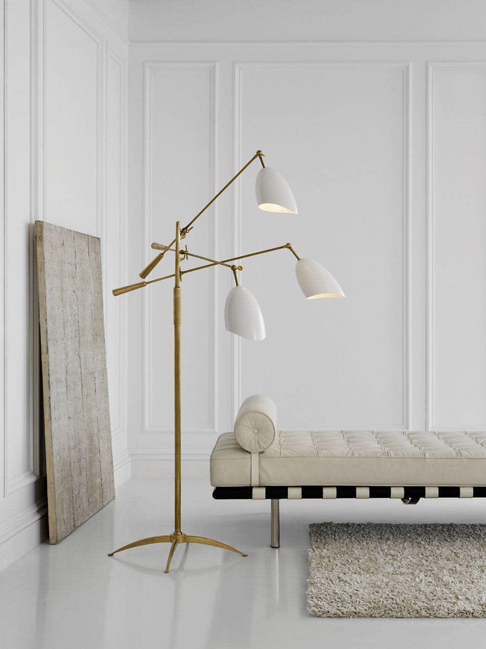 Sommerard Triple Arm Floor Lamp | Hand-Rubbed Antique Brass | White