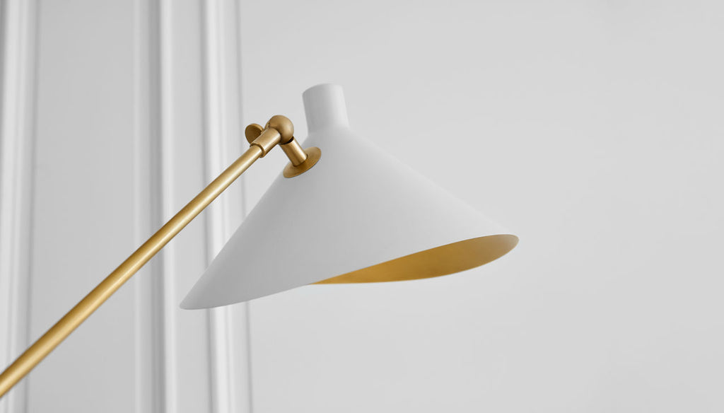 Mayotte Large Offset Floor Lamp | Hand-Rubbed Antique Brass | White Shade
