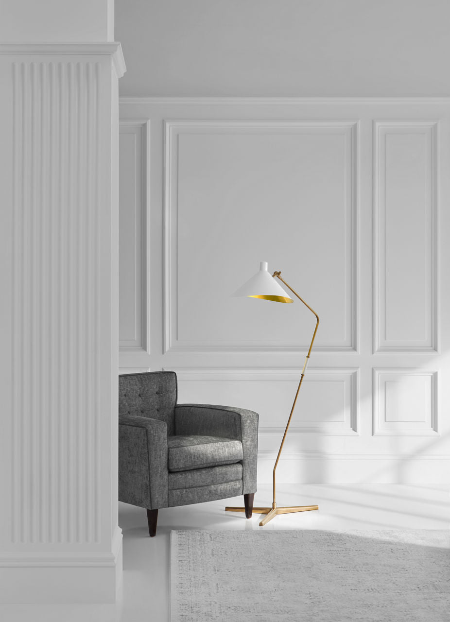 Mayotte Large Offset Floor Lamp | Hand-Rubbed Antique Brass | White Shade