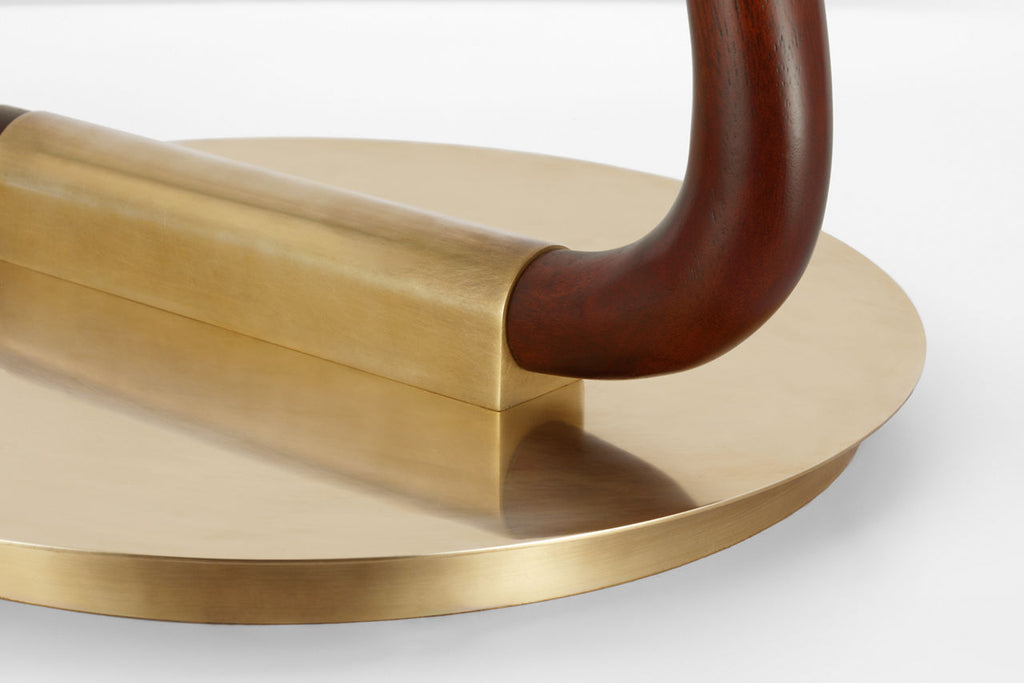 Katia Floor Lamp | Mahogany and Hand-Rubbed Antique Brass | Linen Shade