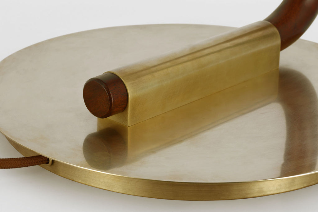 Katia Floor Lamp | Mahogany and Hand-Rubbed Antique Brass | Linen Shade