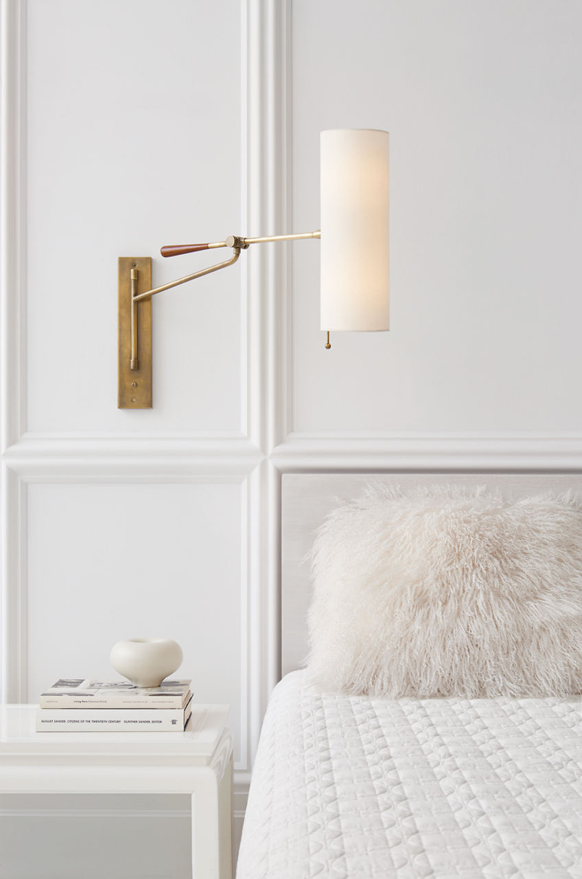 Frankfort Articulating Wall Light | Hand-Rubbed Antique Brass and Mahogany Accents | Linen Shade