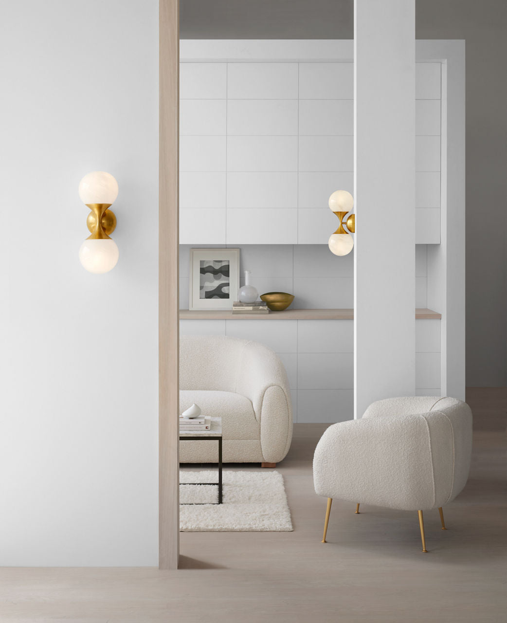 Cristol Small Double Sconce | Hand-Rubbed Antique Brass | White Glass