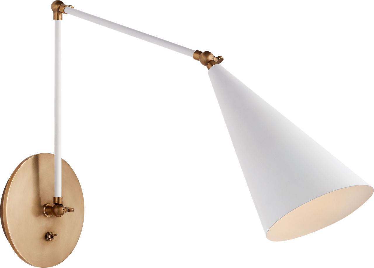 Clemente Double Arm Library Sconce | White and Hand-Rubbed Antique Brass