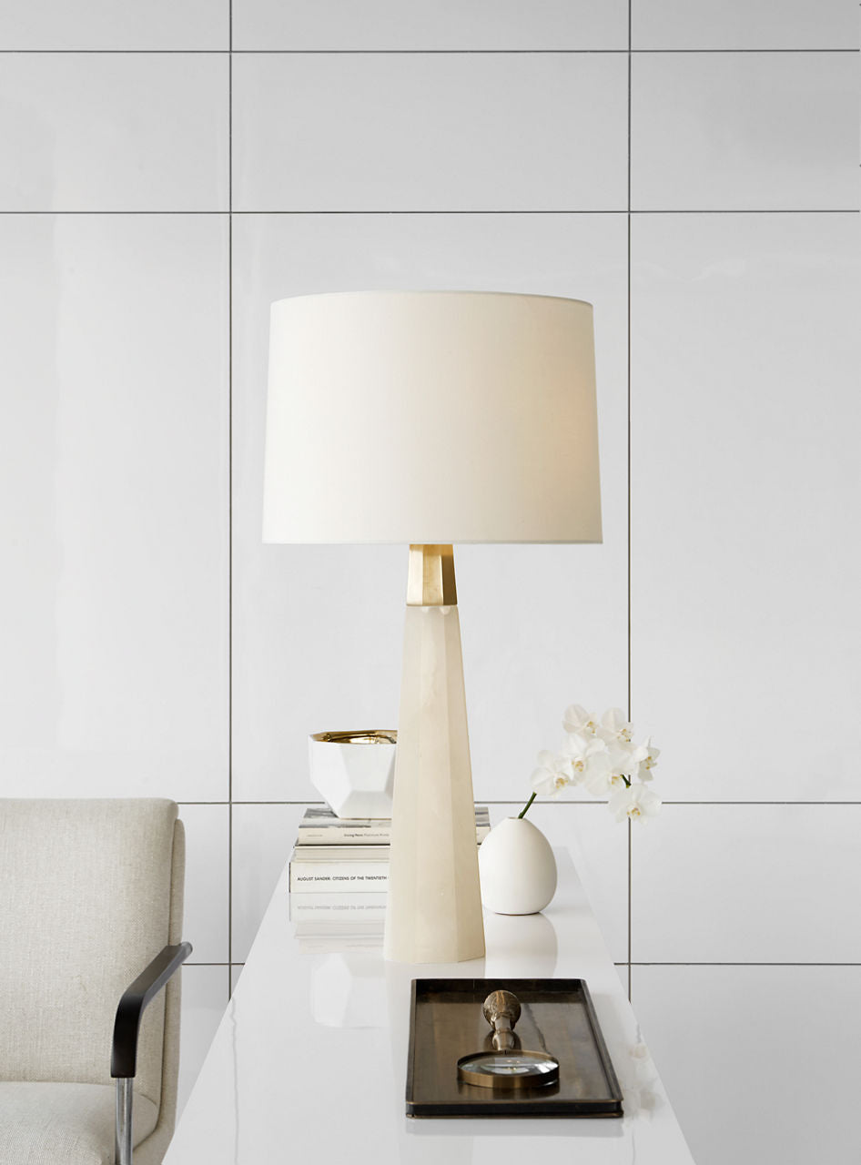 Olsen Table Lamp | Alabaster and Hand-Rubbed Antique Brass | Linen Shade