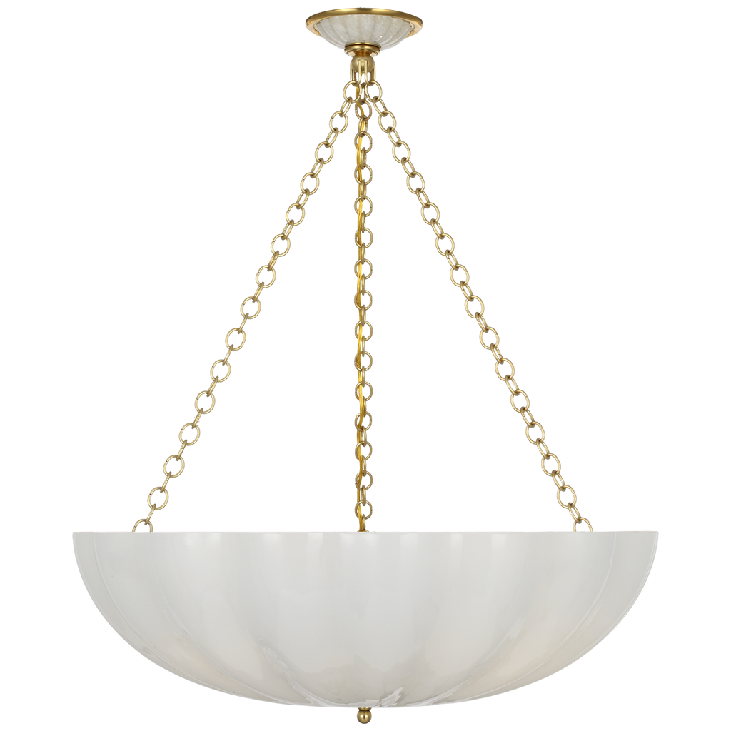 Rosehill 28" Bowl Chandelier | Hand-Rubbed Antique Brass | White Strie Glass