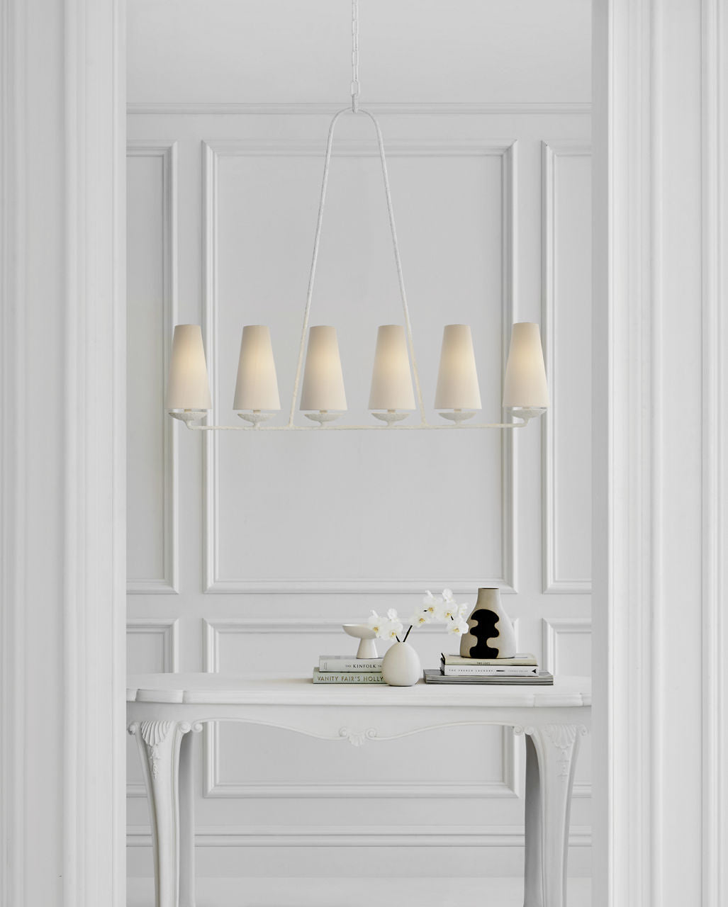 Fontaine Linear Chandelier | Plaster | Linen Shades