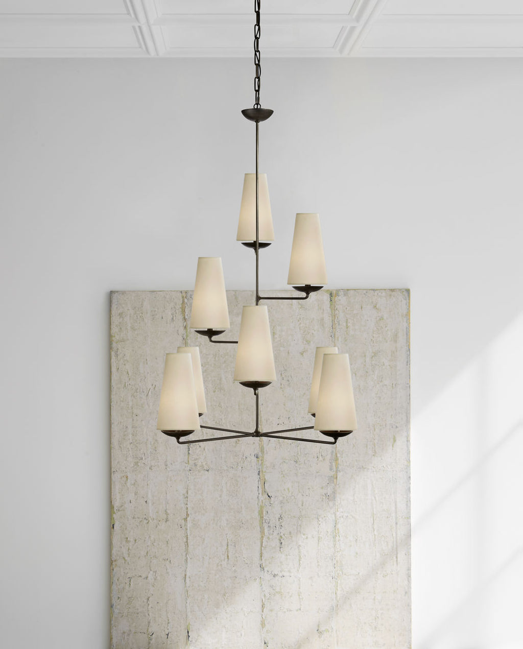 Fontaine Vertical Chandelier | Aged Iron | Linen Shades