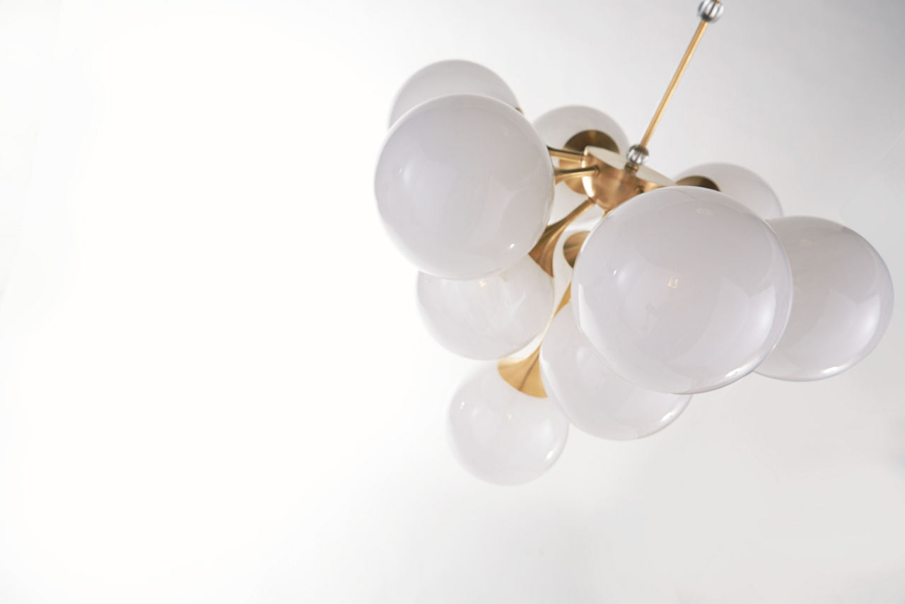Cristol Tiered Chandelier | Hand-Rubbed Antique Brass | White Strie Glass