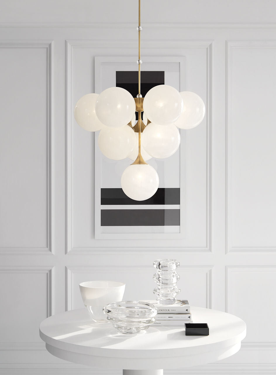 Cristol Tiered Chandelier | Hand-Rubbed Antique Brass | White Strie Glass