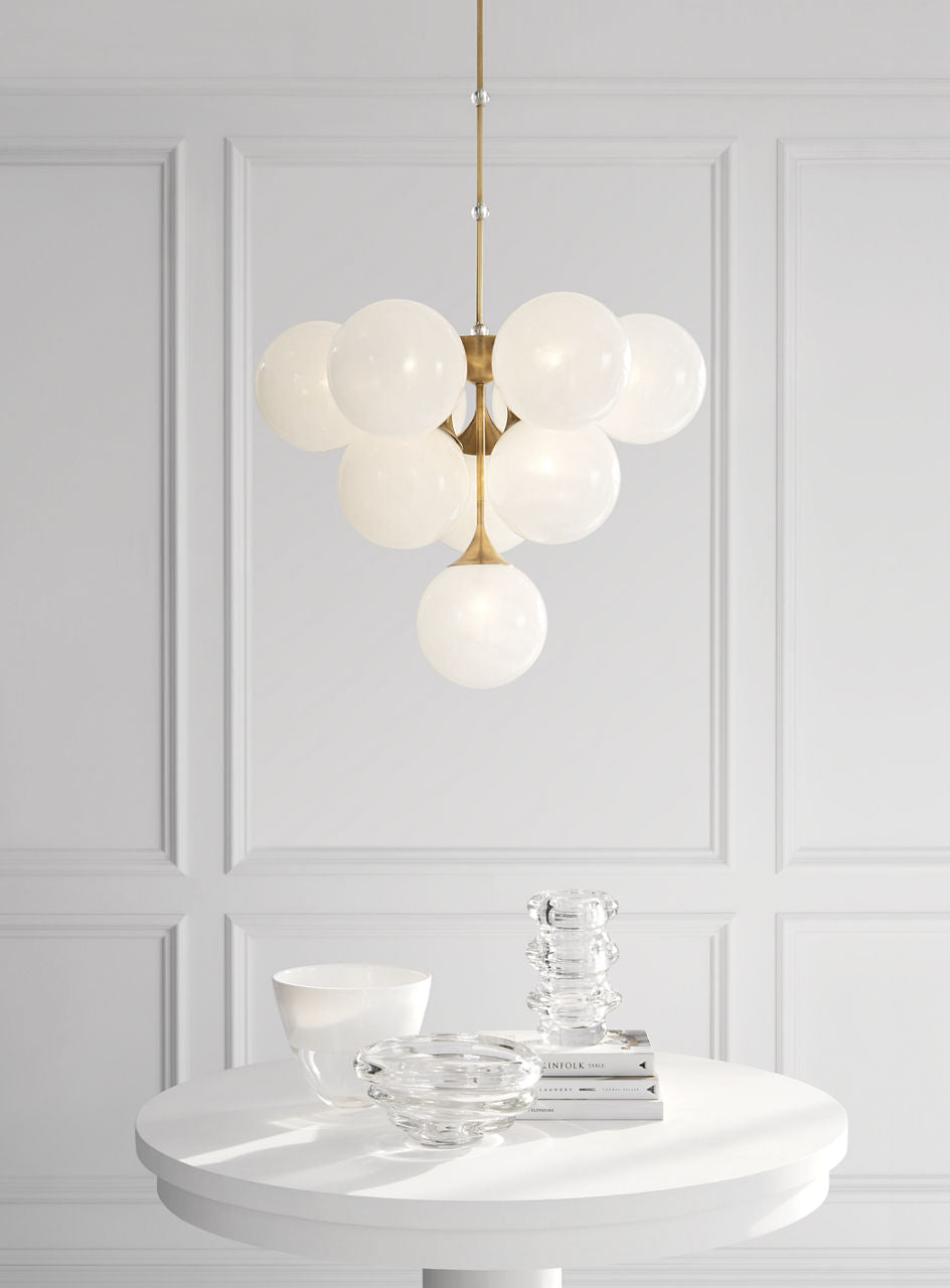 Cristol Tiered Chandelier | Hand-Rubbed Antique Brass | White Strie Glass