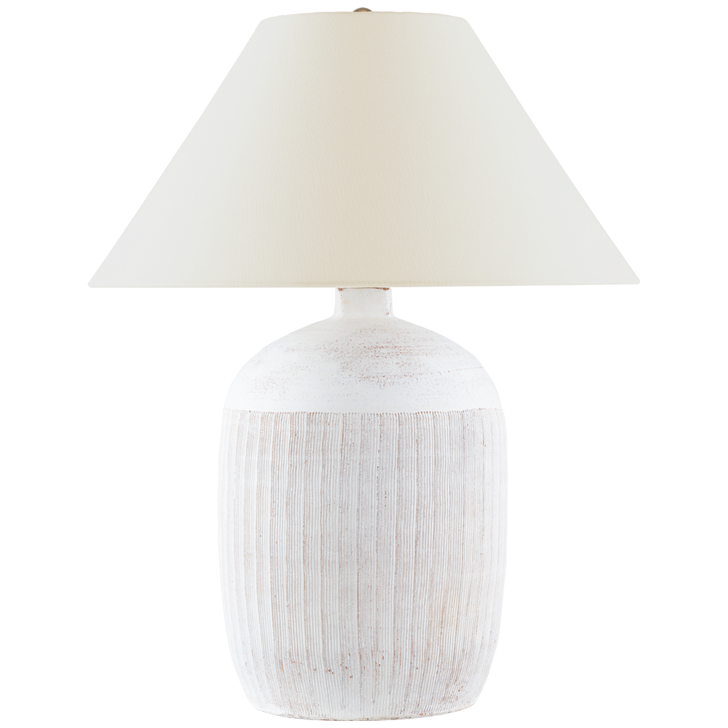 Portis 32" Combed Round Table Lamp | White Washed Terracotta | Linen Shade