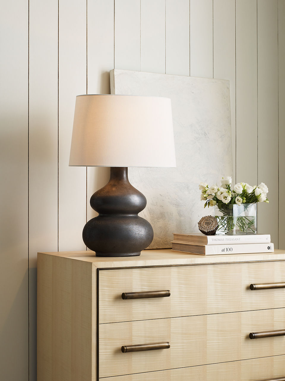 Lismore Medium Table Lamp | Stained Black Metallic | Linen Shade