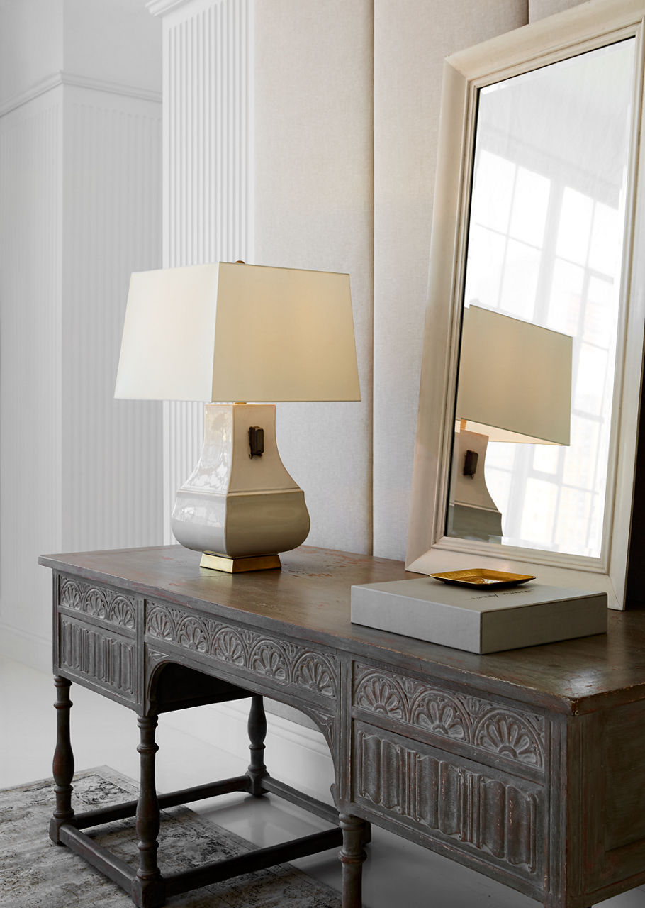 Kang Jug Large Table Lamp | Ivory and Burnt Gold Accent | Natural Percale Shade