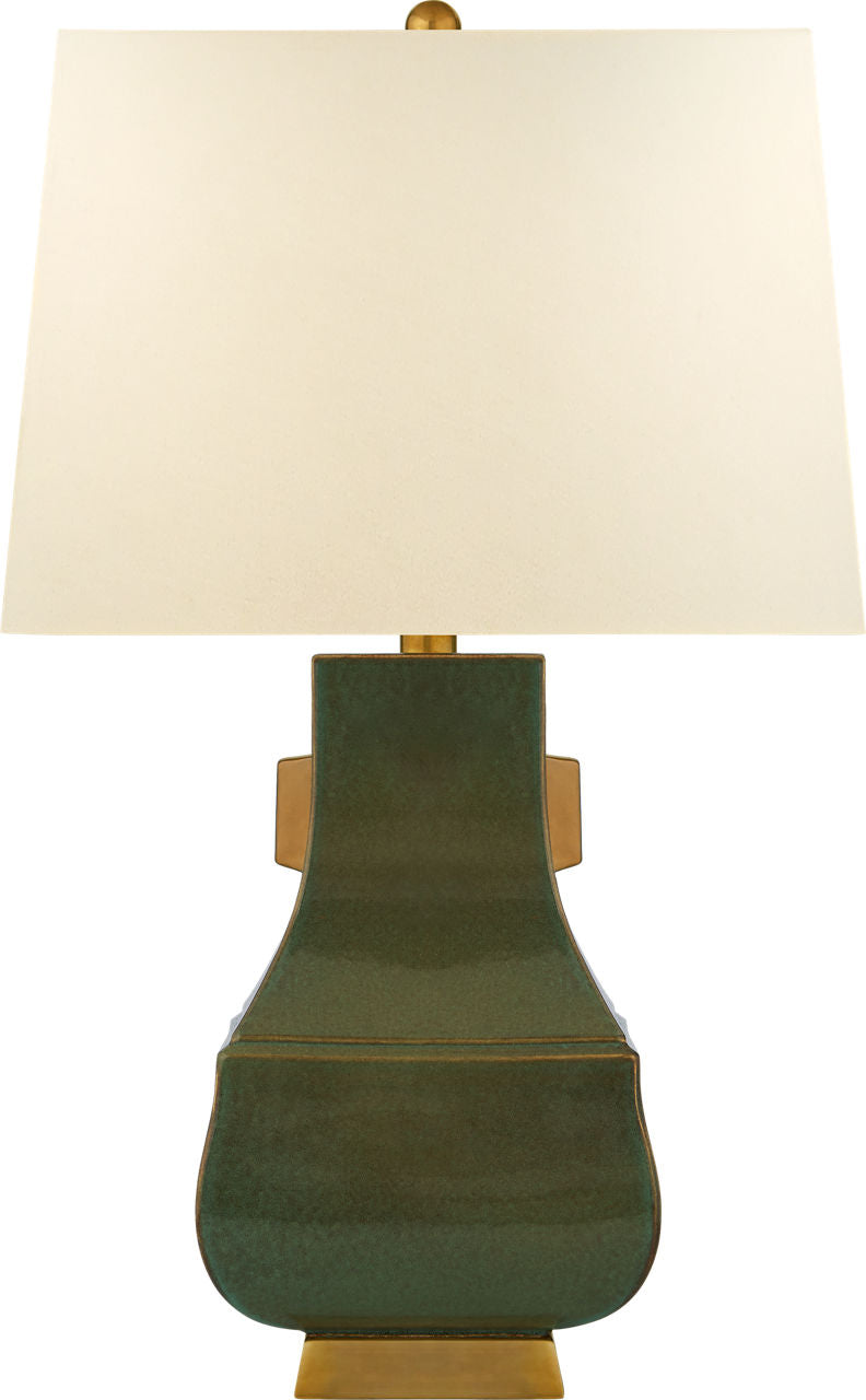 Kang Jug Large Table Lamp | Oslo Green and Burnt Gold Accent | Natural Percale Shade