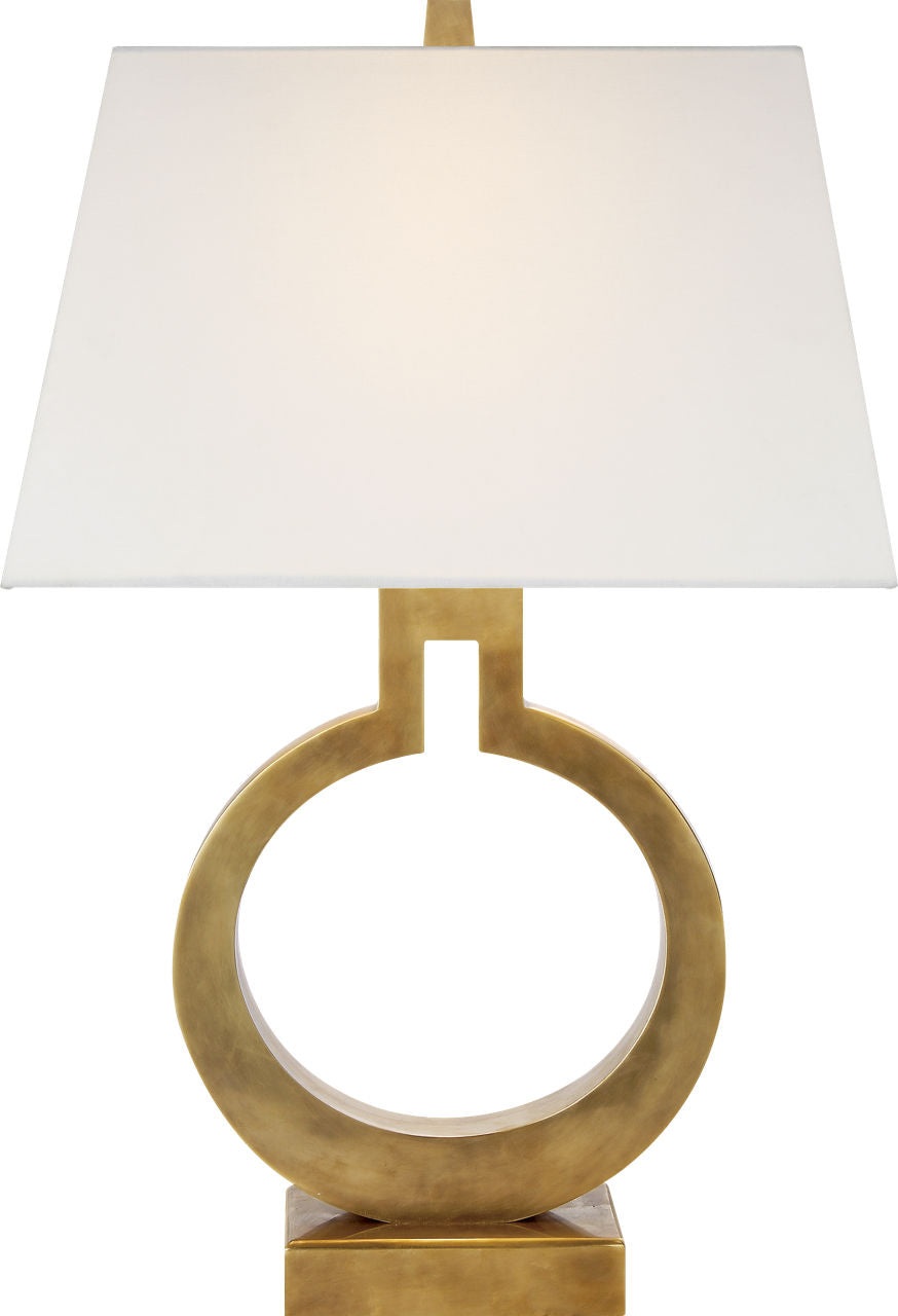 Ring Form Small Table Lamp | Antique-Burnished Brass | Linen Shade