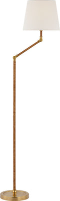 Basden Bridge Arm Floor Lamp | Antique-Burnished Brass and Natural Rattan | Linen Shade