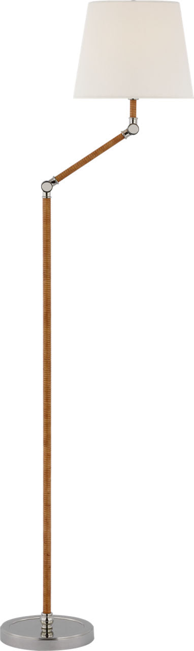 Basden Bridge Arm Floor Lamp | Polished Nickel and Natural Rattan | Linen Shade