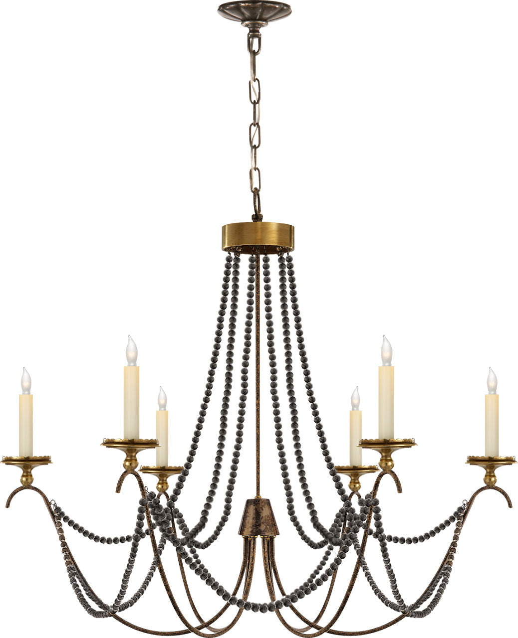 Marigot Medium Chandelier | Rust and Antique-Burnished Brass | Tudor Brown Beaded Trim
