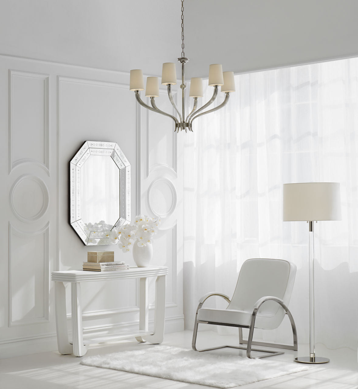 Riga Floor Lamp | Clear Glass and Polished Nickel | Linen Shade