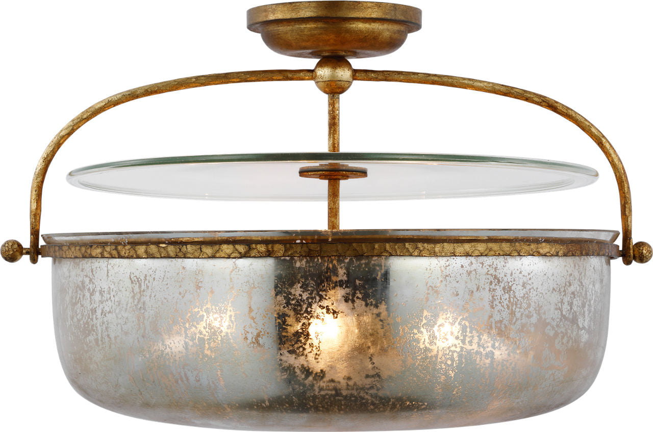 Lorford Large Semi Flush Lantern | Gilded Iron | Antique Mercury Glass