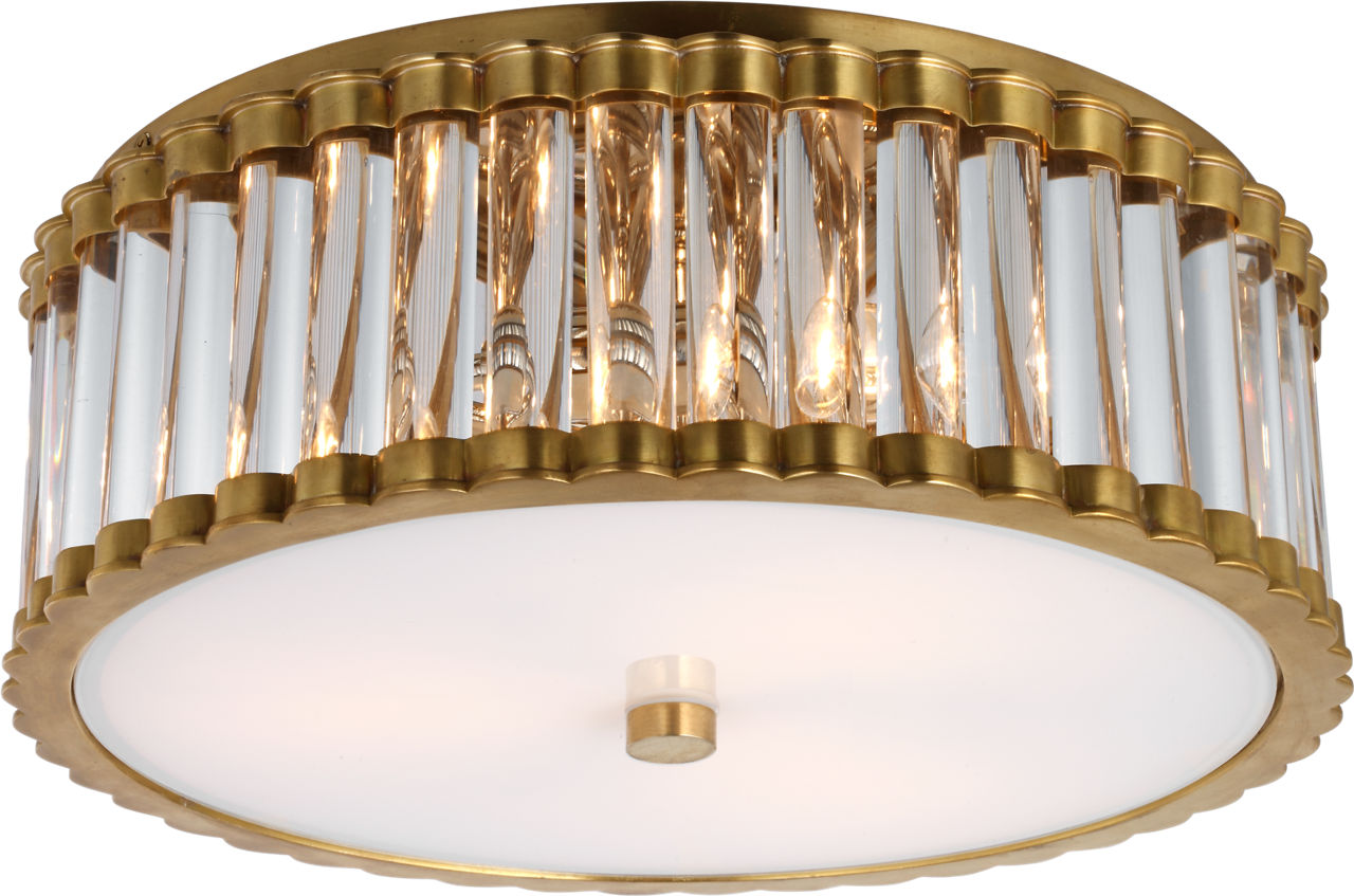 Kean 14" Flush Mount | Hand-Rubbed Antique Brass | Clear Glass Rods and Frosted Glass Diffuser