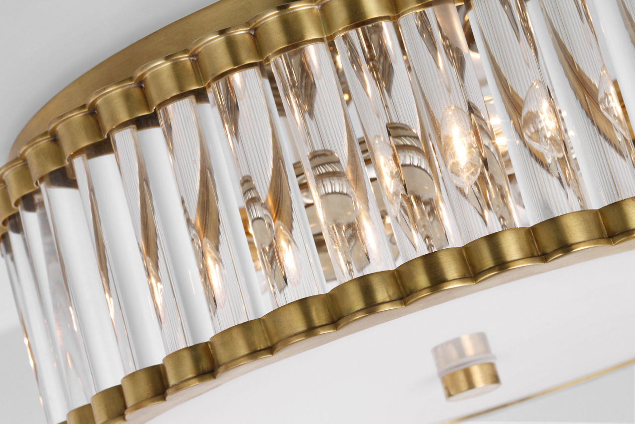 Kean 14" Flush Mount | Hand-Rubbed Antique Brass | Clear Glass Rods and Frosted Glass Diffuser