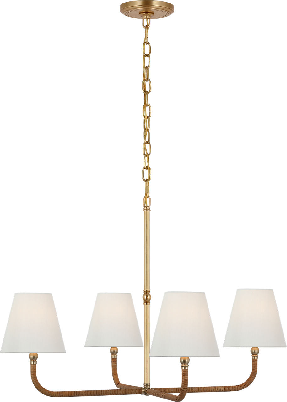 Basden Medium Single Tier Chandelier | Antique-Burnished Brass and Natural Rattan | Linen Shades