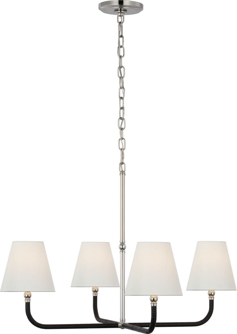 Basden Medium Single Tier Chandelier | Polished Nickel and Black Rattan | Linen Shades