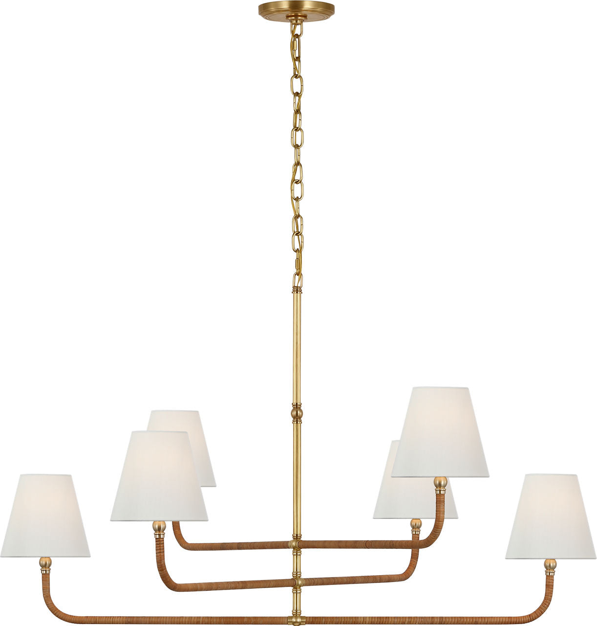 Basden Extra Large Three Tier Chandelier | Antique-Burnished Brass and Natural Rattan | Linen Shades