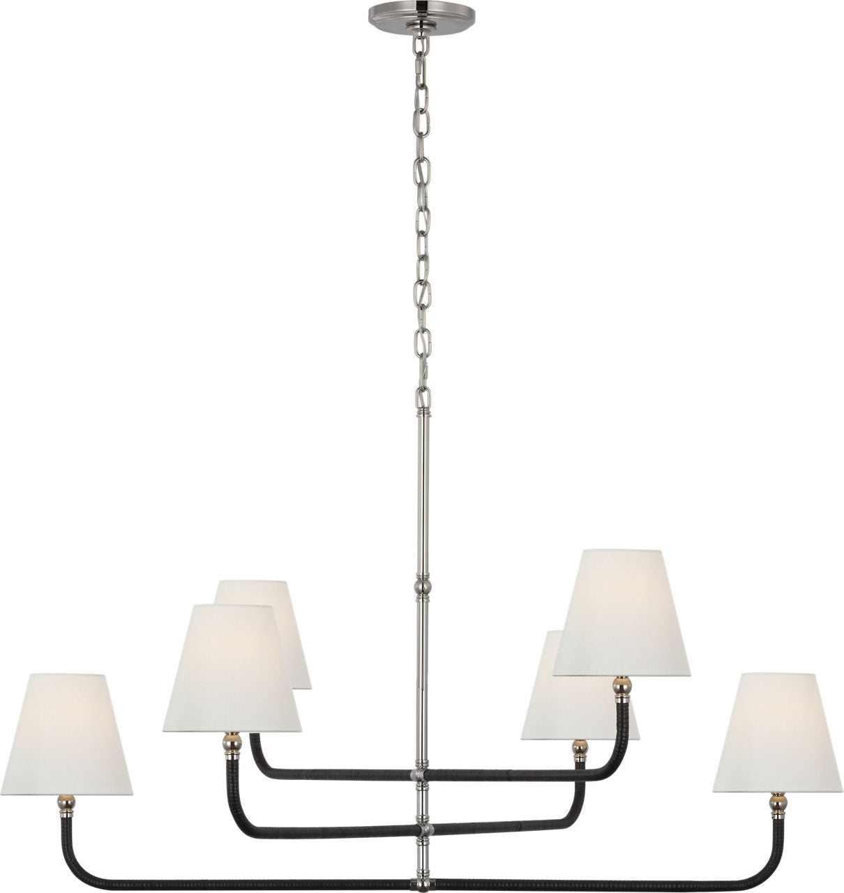 Basden Extra Large Three Tier Chandelier | Polished Nickel and Black Rattan | Linen Shades