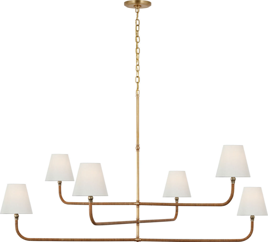 Basden Grande Three Tier Chandelier | Antique-Burnished Brass and Natural Rattan | Linen Shades