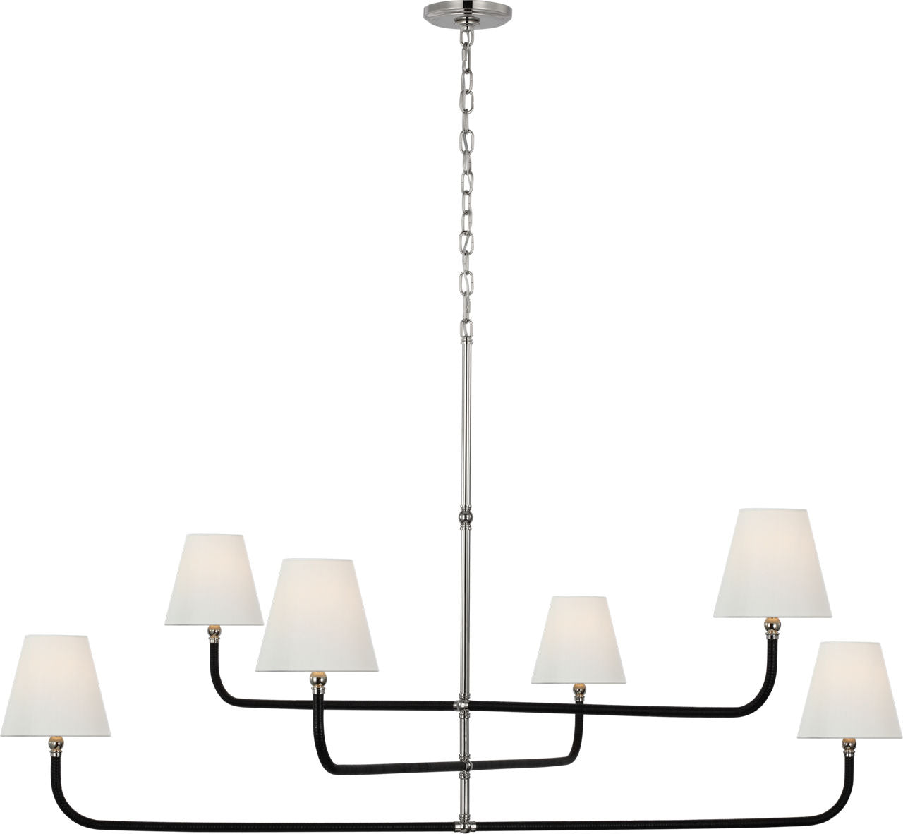 Basden Grande Three Tier Chandelier | Polished Nickel and Black Rattan | Linen Shades